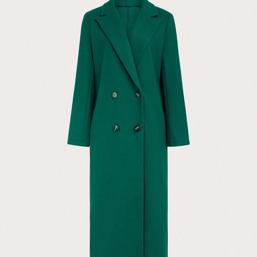 Green Casual Women's Plain Double-Breasted Long Sleeve Long Coat